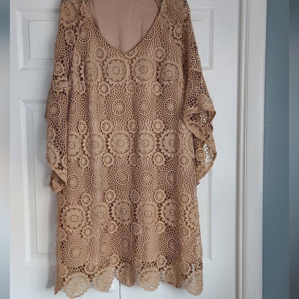 Tan Boho Lace Overlay Dress
